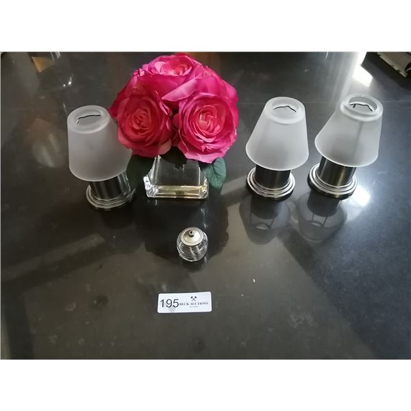 3 x Tea Light Holders, Artificial Roses, and Small Oil Wick Lamp