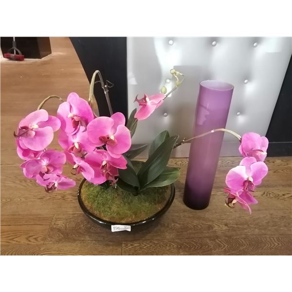 Artificial Doritaenopsis Flower in Bowl and Tall Violet Glass Vase