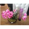 Image 1 : Artificial Doritaenopsis Flower in Bowl and Tall Violet Glass Vase