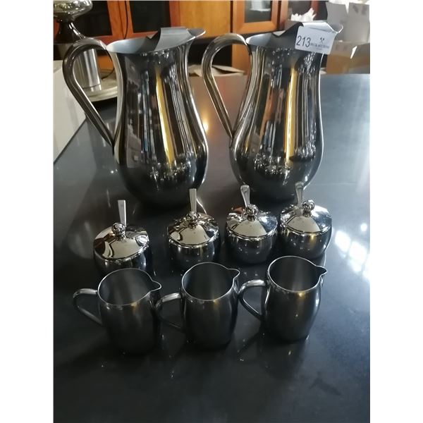 2 x Steel Water Jugs, 4 x Steel Sugar Pots, and 3 x Steel Cream Jugs