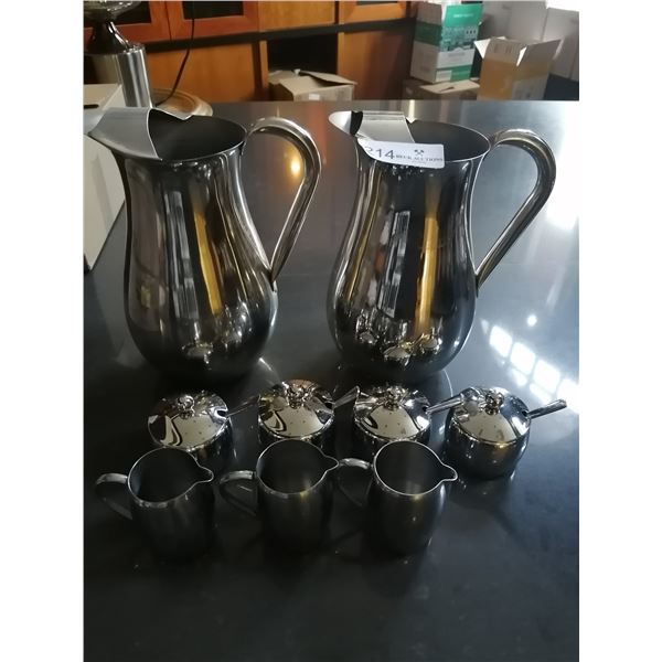 2 x Steel Water Jugs, 4 x Steel Sugar Pots, and 3 x Steel Cream Jugs