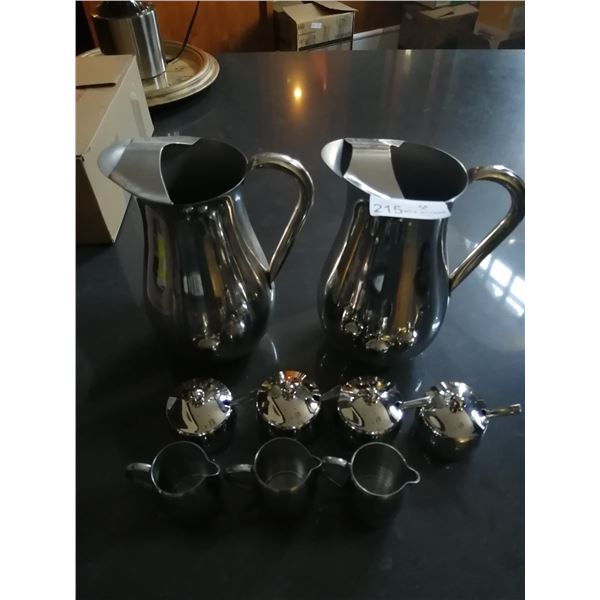 2 x Steel Water Jugs, 4 x Steel Sugar Pots, and 3 x Steel Cream Jugs