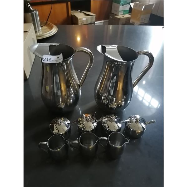 2 x Steel Water Jugs, 4 x Steel Sugar Pots, and 3 x Steel Cream Jugs