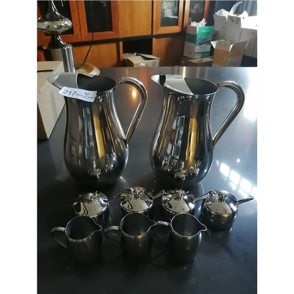 2 x Steel Water Jugs, 4 x Steel Sugar Pots, and 3 x Steel Cream Jugs