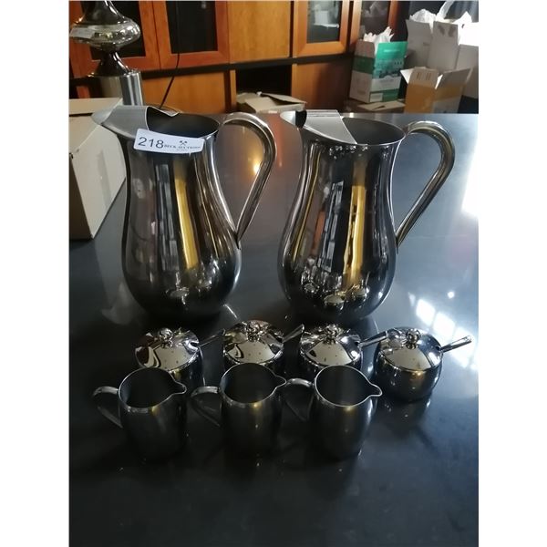 2 x Steel Water Jugs, 4 x Steel Sugar Pots, and 3 x Steel Cream Jugs