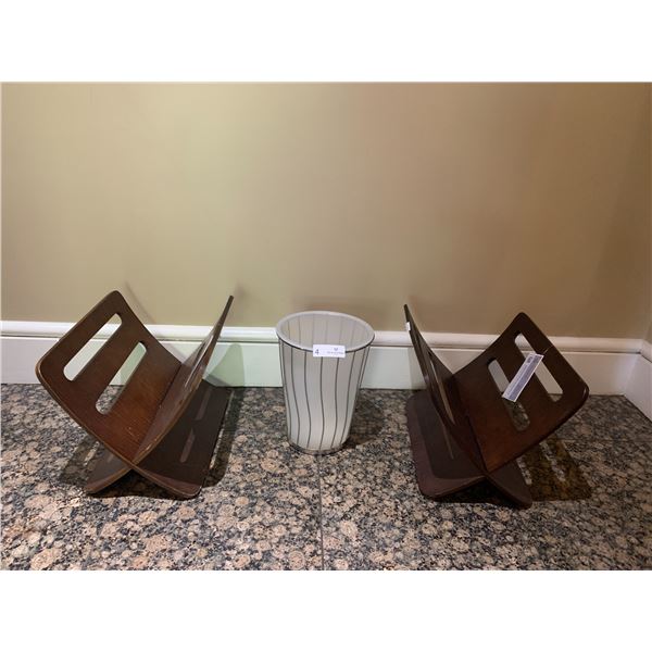 2 x Vintage Wooden Magazine Racks and Trash Bin