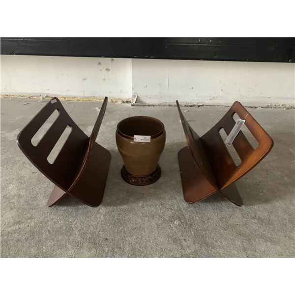 2 x Vintage Wooden Magazine Racks and Ornate Trash Bin