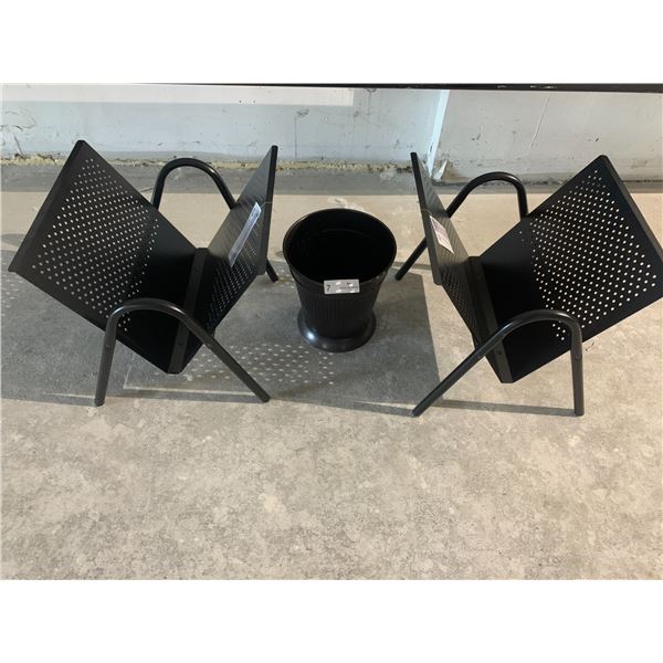 2 x Metal-Frame Magazine Racks and Metal Trash Bin