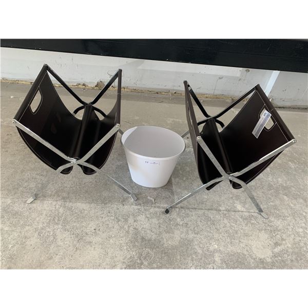 2 x Leather-Style Collapsible Magazine Racks w/ Plastic Trash Bin