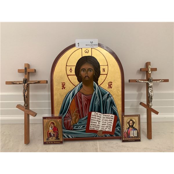 Hand Painted Orthodox Christian Icon, 2 x Miniature Icons, &  2 x Wooden Orthodox Crucifixes