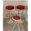 Image 1 : 2 x Red Leather Cushion Barstools & 1 x Miniature Red Cushion Sitting Stool