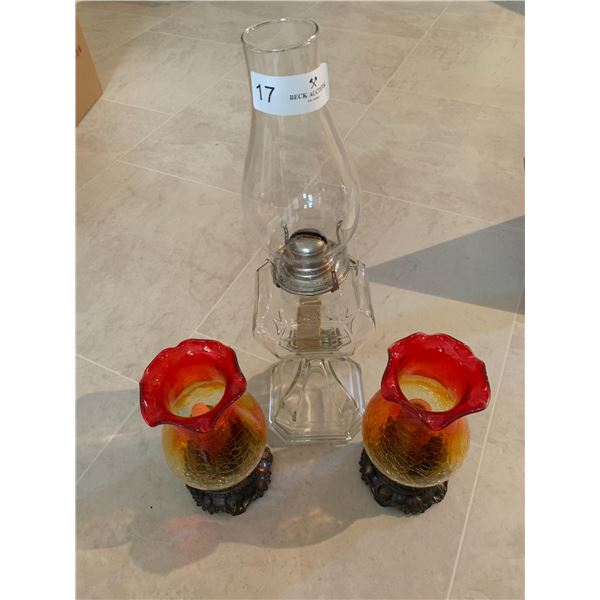 Vintage Glass Oil/ Kerosene Lamp - White Flame Light Co. And 2 x Decorative Glass Candle Holders