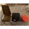Image 1 : Brown Leather-Look Chair , Black Footrest, & Orange Meditation Cushion