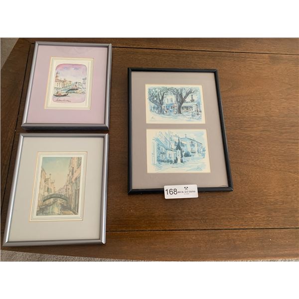 Framed Artwork of Paris and Cannes and 2 x Watercolors of European Canals