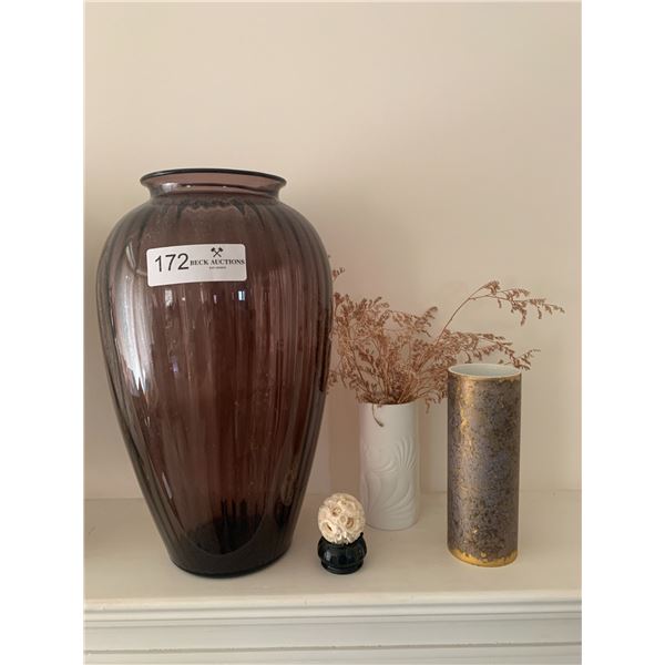 Fluted-Look Purple Glass Vase and 2 x Rosenthal Ceramic Vases and Small Coral Reef