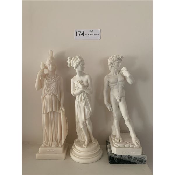 3 x Miniature Renaissance-Style Sculptures of Athena, Venus, and Michelangelo's David