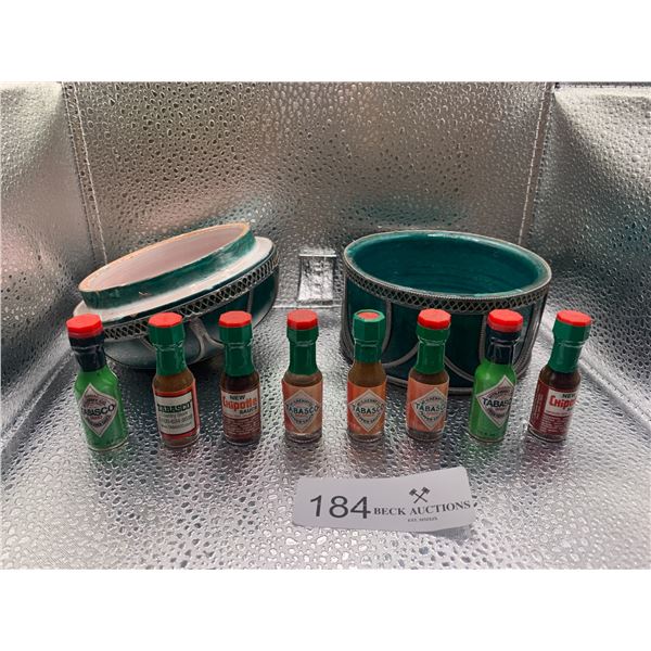 8 x Collectable Miniature Tabasco Sauce Bottles w/ Vintage Ceramic Candy Dish & Small Flower Vases