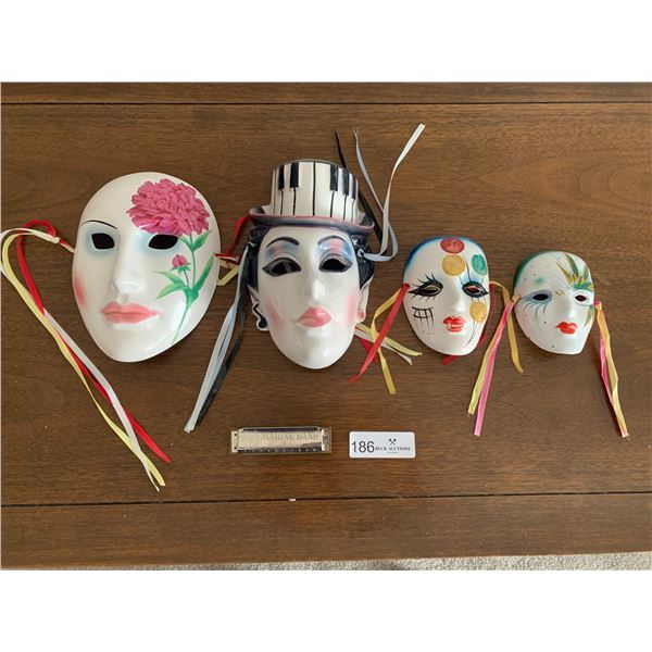 Collection of Decorative Ceramic Mardi Gras Masks & Vintage Hohner Marine Band Harmonica (Key of A)