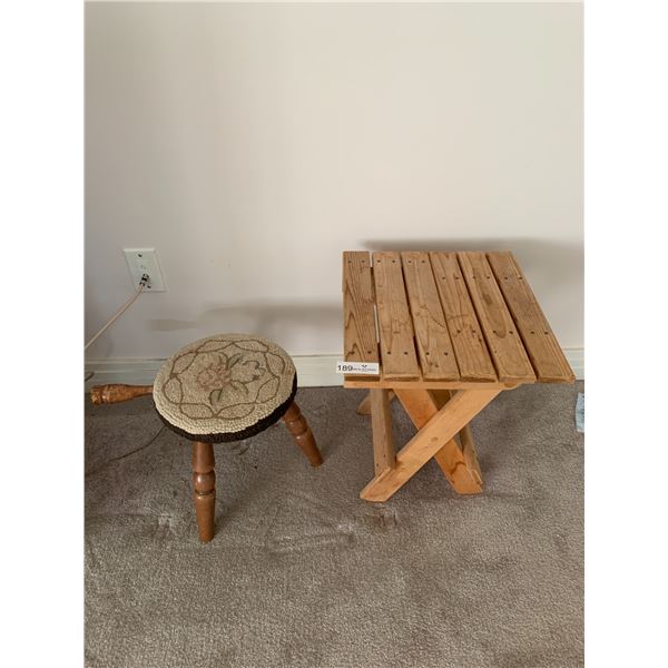 Vintage Carpeted Milking Stool w/ Collapsible Wooden Side Table