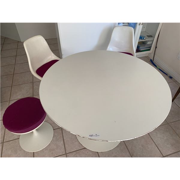 Round White Dining Table, 2 x Chairs, & Footrest