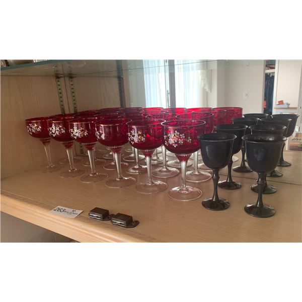 12 x Ornate Red Wine Glasses & 4 x Silverplate Goblets