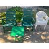 Image 1 : 2 x Reclining Plastic Lawn Chairs, Small Plastic Side Table, & 4 x White Plastic Chairs
