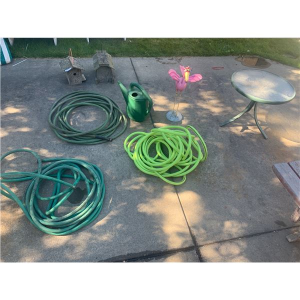 3 x Garden Hoses, Watering Can, Flamingo Lawn Decor, 2 x Bird Houses, Glass Top Side Table, & More!