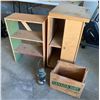 Image 1 : Vintage Canada Dry Crate, Vintage Coleman Lantern, Small Wooden Bookshelf, & Wooden Cabinet