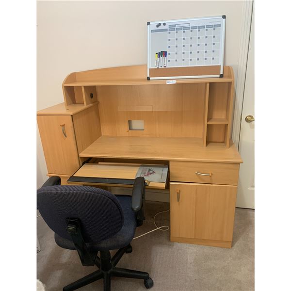 Wooden Computer Desk, Office Chair, and Whiteboard Calendar