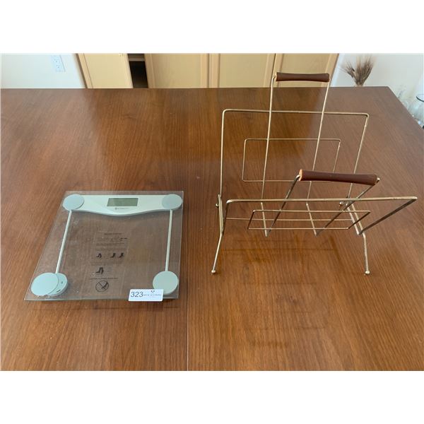 Glass Bathroom Scale and Metal Magazine Rack