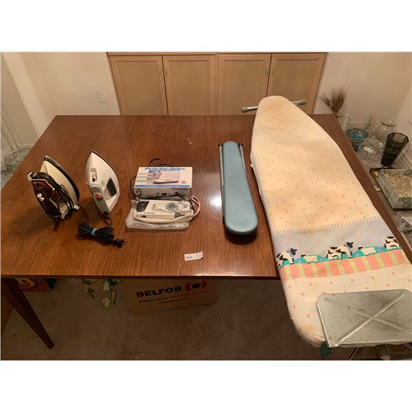 2 x Clothing Irons (Black & Decker, GE), Proctor Silex Travel Iron (New), and 2 x Ironing Boards