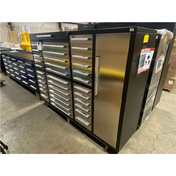 STAINLESS STEEL STEELMAN 35 DRAWER WORK CABINET H57  X W85  X D22 1/2  WITH ANTI-SLIP LINING