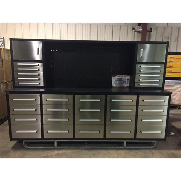 STAINLESS STEEL STEELMAN 30 DRAWER WORKBENCH H71  X W112  X D25  WITH HUTCH,