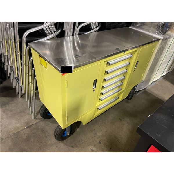 YELLOW STEELMAN 7 DRAWER 2 DOOR MOBILE WORKBENCH H38" X W57" X D20.5" WITH ALL TERRAIN WHEELS,