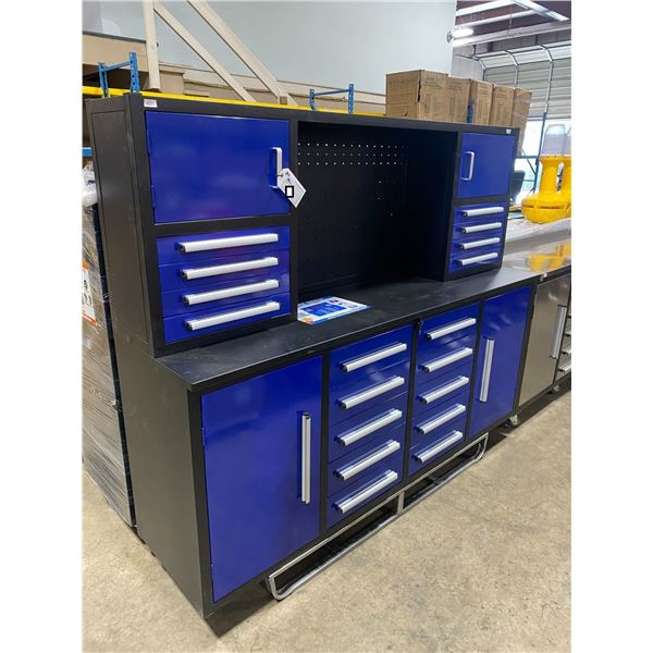 BLUE STEELMAN 18 DRAWER WORKBENCH H67" X W87" X D23" WITH HUTCH,