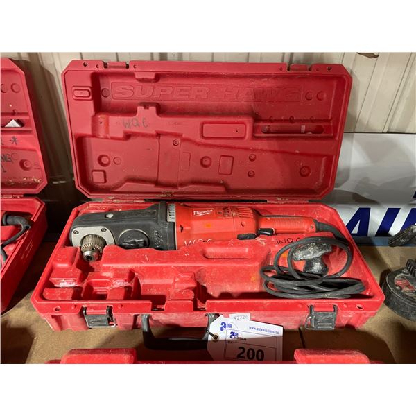 MILWAUKEE SUPER HAWG 1/2" HEAVY DUTY INDUSTRIAL ELECTRIC ANGLE DRILL IN HARD TRANSPORT CASE