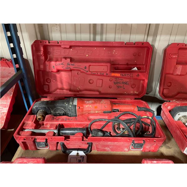 MILWAUKEE SUPER HAWG 1/2" HEAVY DUTY INDUSTRIAL ELECTRIC ANGLE DRILL IN HARD TRANSPORT CASE