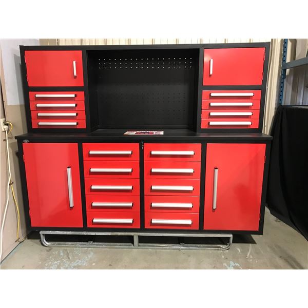 RED STEELMAN 18 DRAWER WORKBENCH H67" X W87" X D23" WITH HUTCH,