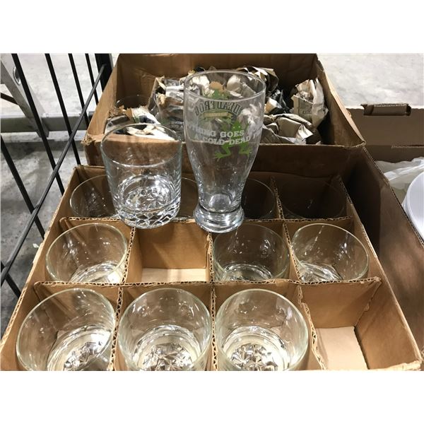 SHELF OF ASSORTED GLASSWARE, DISHWARE AND CONDIMENT DISHES