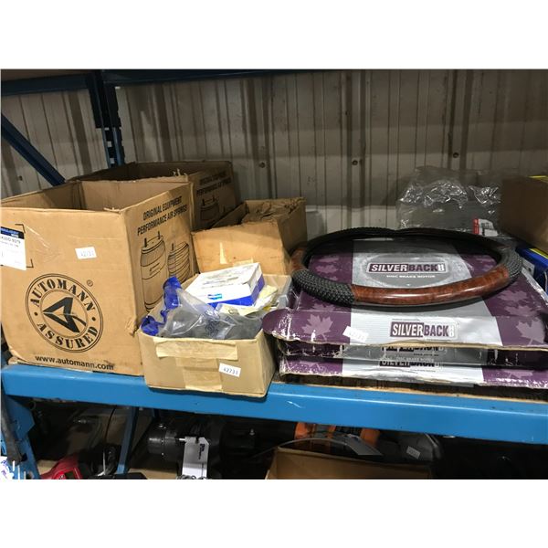 SHELF OF ASSORTED VEHICLE PARTS INCLUDING BAG ABSORBERS, STEERING WHEEL COVERS, HYDRAULIC LINES