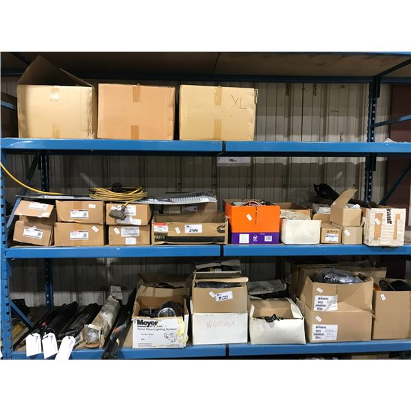 SHELF OF ASSORTED VEHICLE PARTS INCLUDING BRAKE CALIPERS, WIRES, AND VALVES