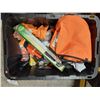 Image 2 : BIN OF ASSORTED WORK GLOVES, BOOKLETS, & YARD WORKING TOOL PARTS / OILS