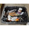 Image 2 : BIN OF ASSORTED WOODWORKING TOOLS, CHISELS, GUIDES, & CHEMICALS