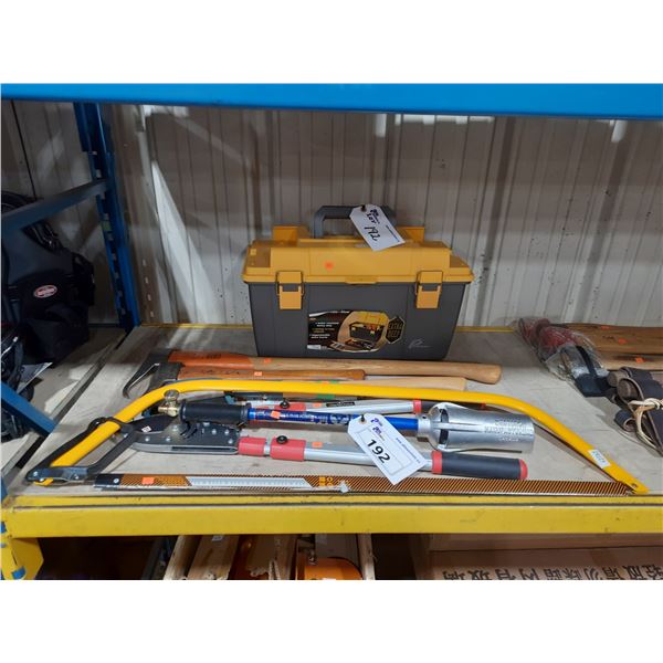 TOOLBOX, PICK AXES, HAND SAWS, CLAMP TRIMMER, & WESTORCH ROOFING TORCH