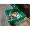 Image 2 : GREEN BIN OF ASSORTED BICYCLE PARTS, HANDLE GRIPS, SUNGLASSES & BASKET ( BIN NOT INCLUDED )