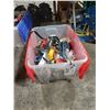 Image 2 : PLASTIC BIN OF ASSORTED SOLDERS, SANDING SPONGES, FINISH NAILS, WINDING STICKS, SAW BLADE & MAGNETIC