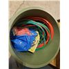 Image 2 : ASSORTED PLASTIC GARBAGE CANS WITH AIR / WATER / FLUID HOSE, SHOVELS, LARGE METAL DUAL MACHINERY