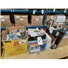 Image 1 : SMALL ADJUSTABLE DOLLY, BOX OF TIRE CHAINS, HARDWARE KIT, & BOX OF ASSORTED OILS / CHEMICALS