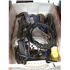 Image 1 : 4 BINS OF ASSORTED PAINT SUPPLIES, POWER TOOLS, C-CLAMPS, HARDWARE, & GREY METAL TOOLBOX WITH