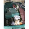 Image 2 : 4 BINS OF ASSORTED PAINT SUPPLIES, POWER TOOLS, C-CLAMPS, HARDWARE, & GREY METAL TOOLBOX WITH